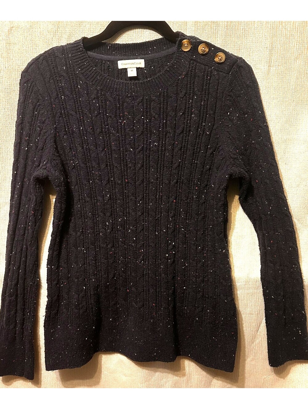 Charter Club Womens Navy Blue Sweater, Shoulder Buttons Sz M
